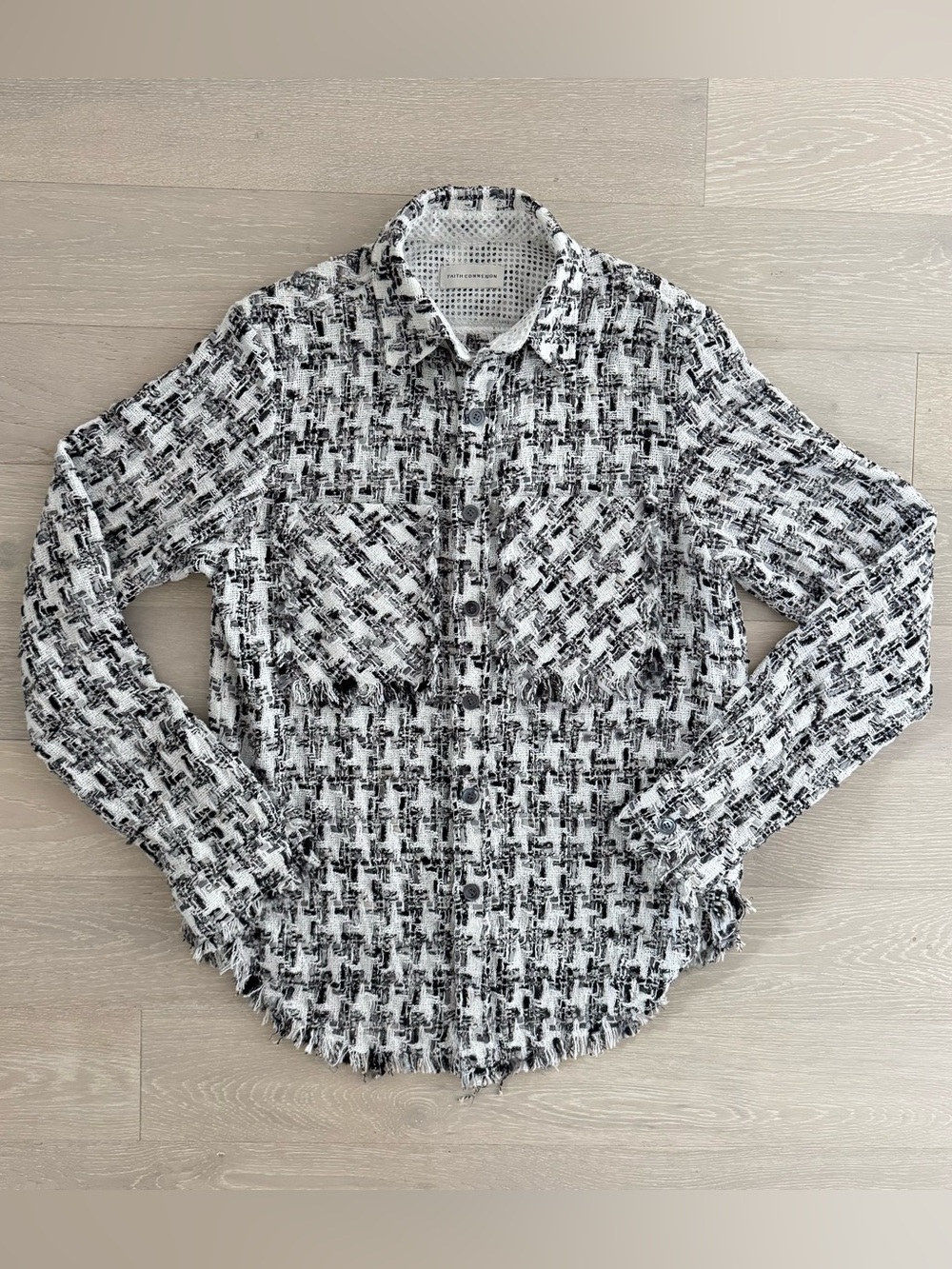 Faith Connexion Tweed Fitted Overshirt Frayed Hem - White/Black/Silver - Size XS